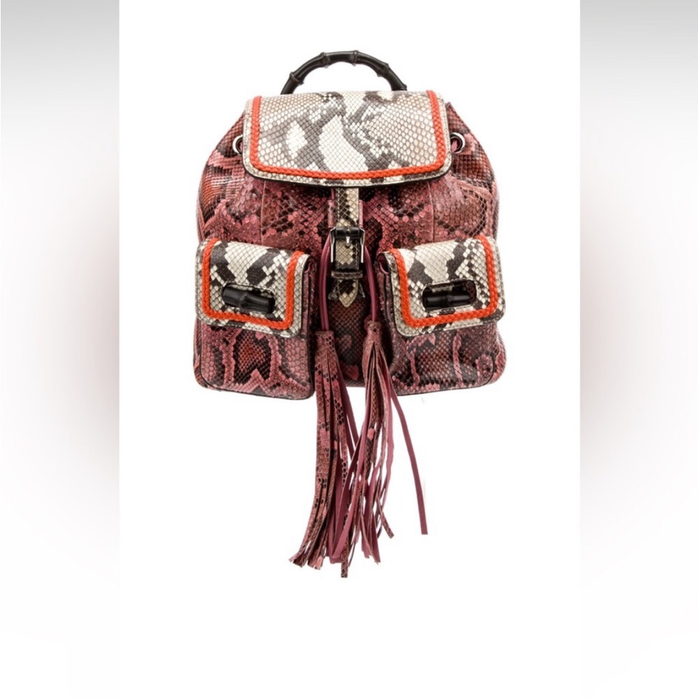 🐍GUCCI PYTHON BACKPACK NWT BAMBOO HANDLE ! PINK and TAN PYTHON w/ Orange trim! - Picture 8 of 8